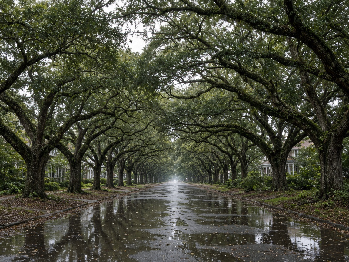 Gulf Coast live-oak street with standing water after a wet winter