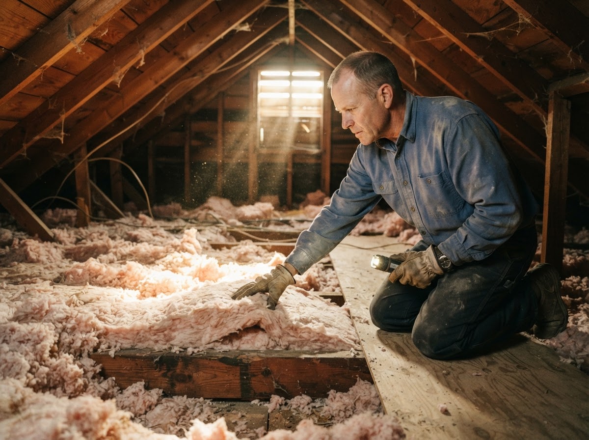 Homeowner inspecting blown-in attic insulation beneath wooden roof rafters.