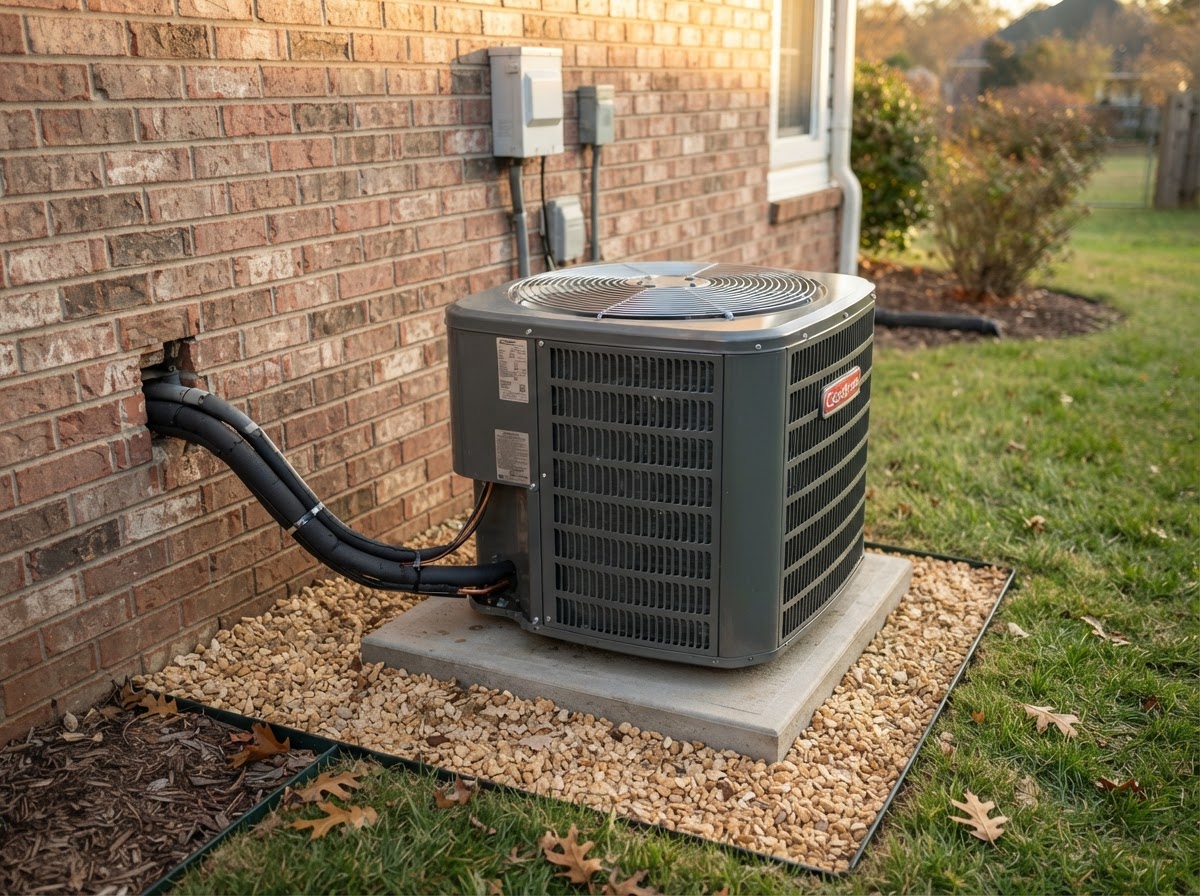 Clean residential air conditioning condenser unit on a concrete pad outside a brick house.