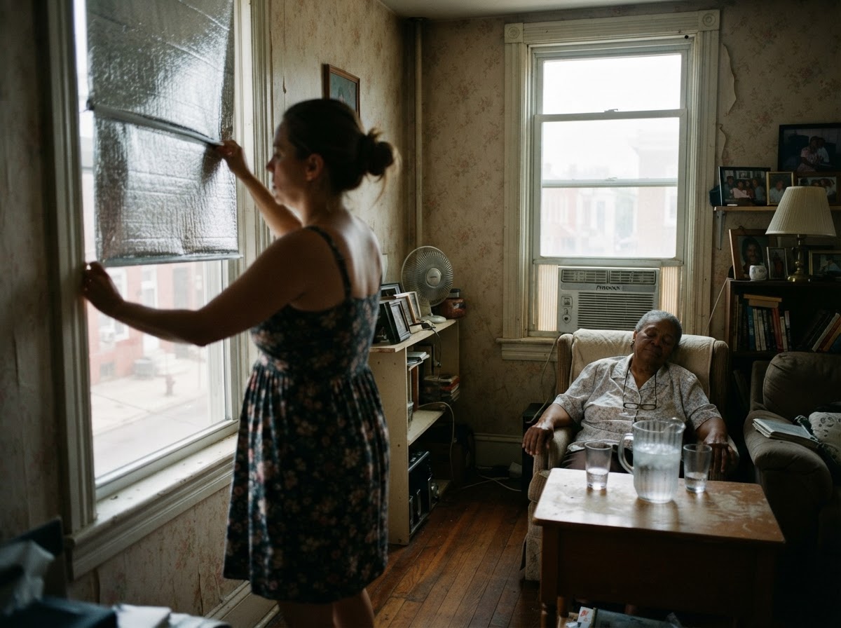 Family preparing a cool room with window shades, air conditioning, and drinking water during extreme heat.