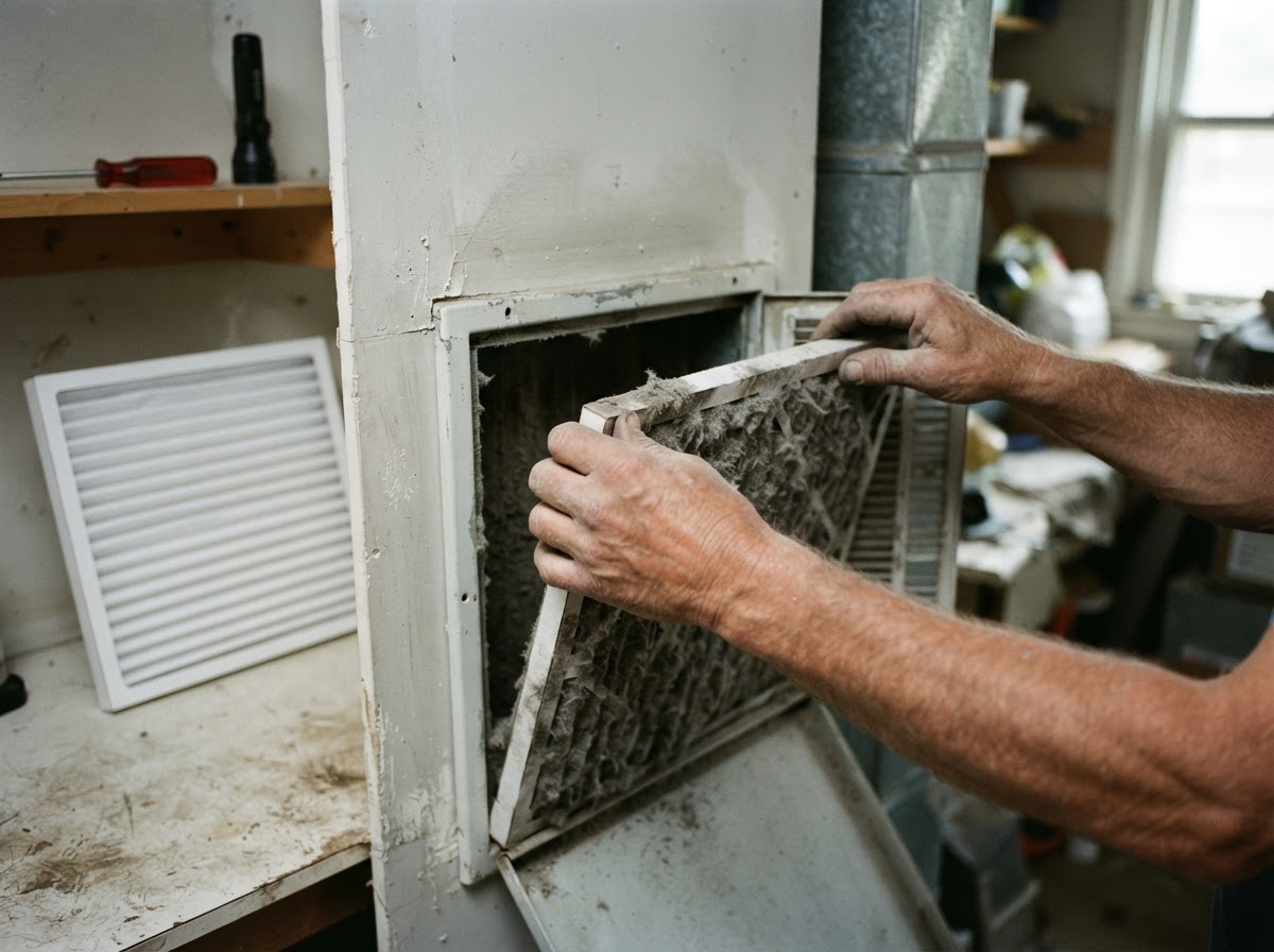 Homeowner replacing a dusty HVAC filter before an August period of extreme heat.