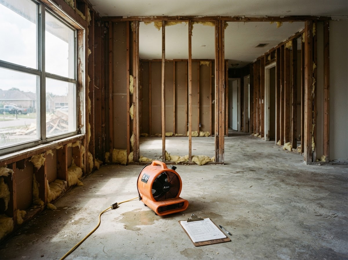 Gutted living room with bare wall framing and exposed concrete slab following flood remediation.