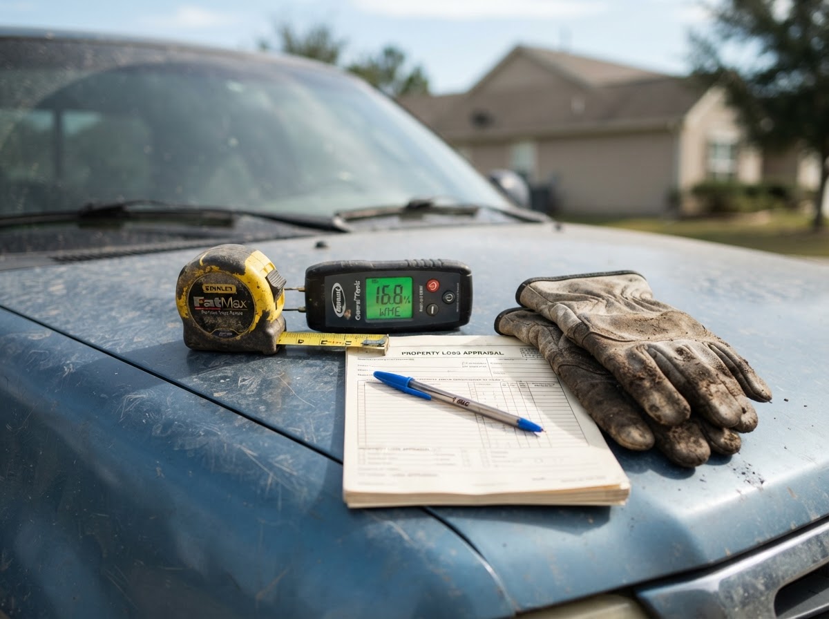 Moisture meter and inspection tools laid out on a truck hood outside a flooded house.