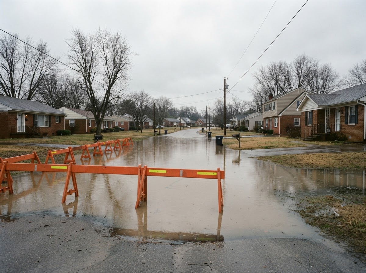 An inland U.S. neighborhood with flooded streets shows that FEMA flood risk extends far beyond coastal communities.