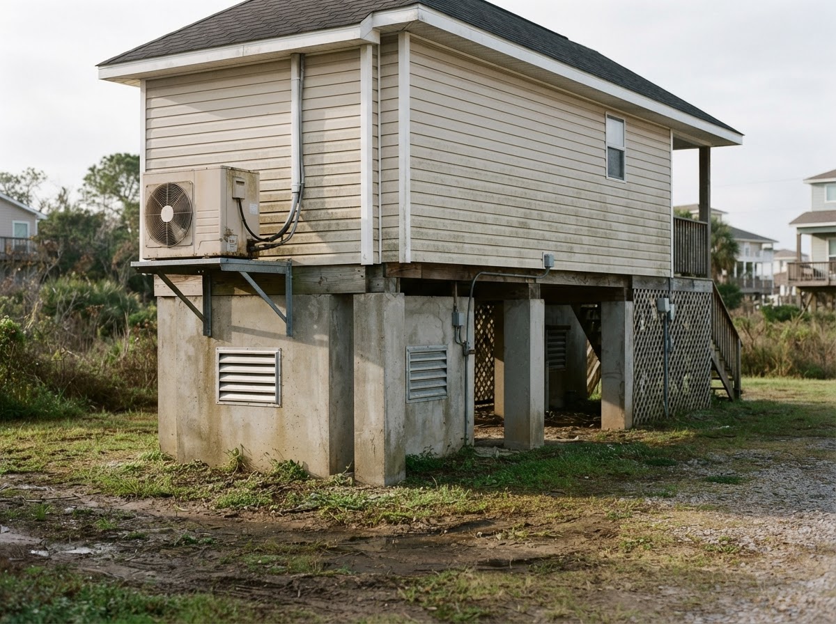Flood vents and elevated utilities on a raised home show practical features often considered in flood-prone areas.