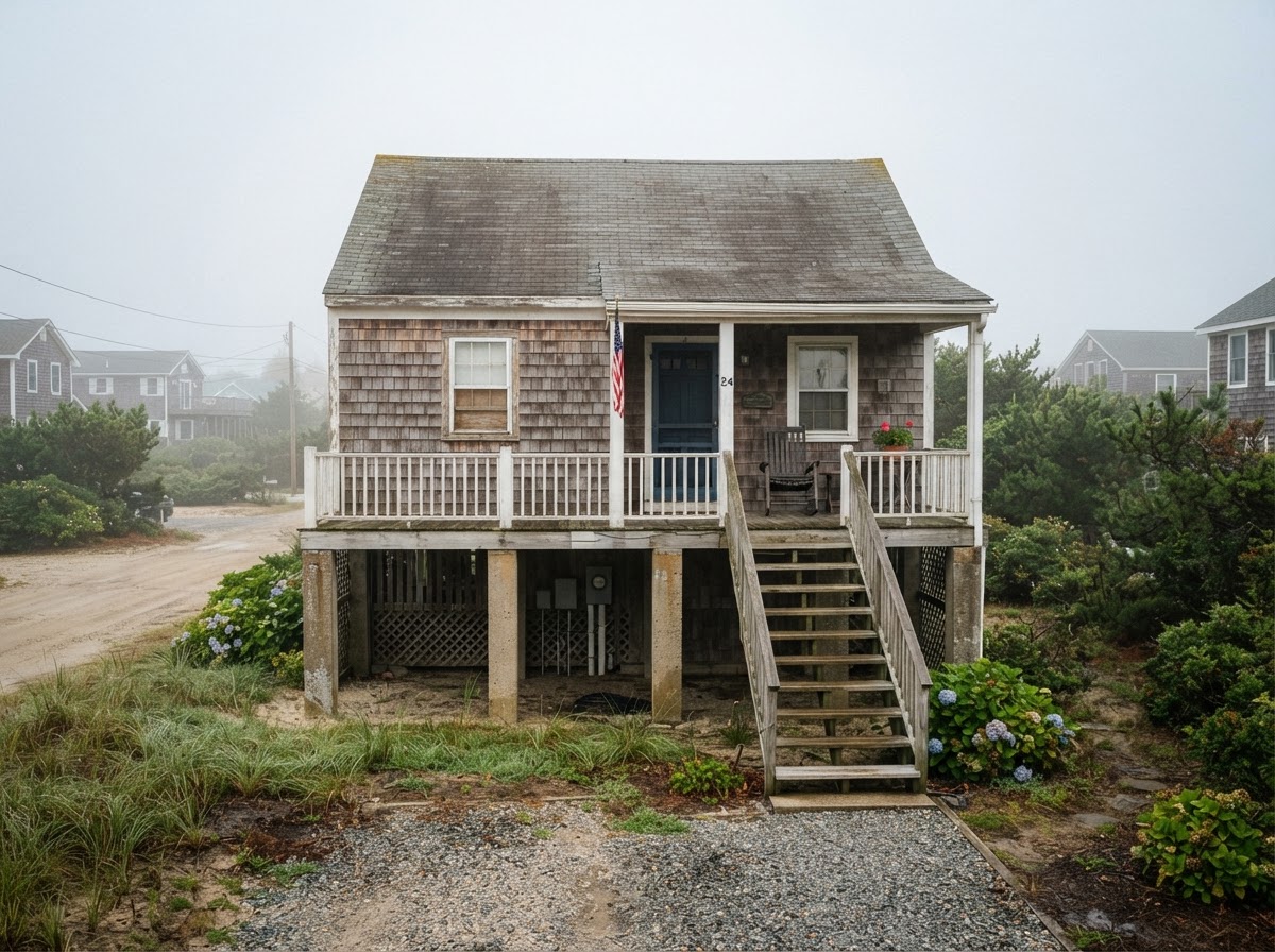 Coastal house raised on concrete pilings to reduce flood risk in an AE zone.