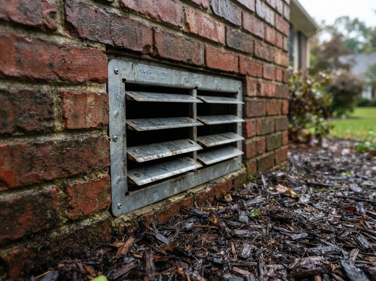 Engineered flood vent installed in the brick crawl space foundation of a residential house.