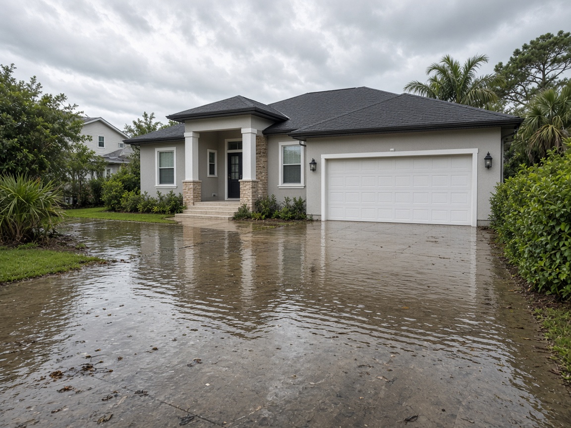 Newer suburban Gulf Coast house with a wet driveway after a high tide