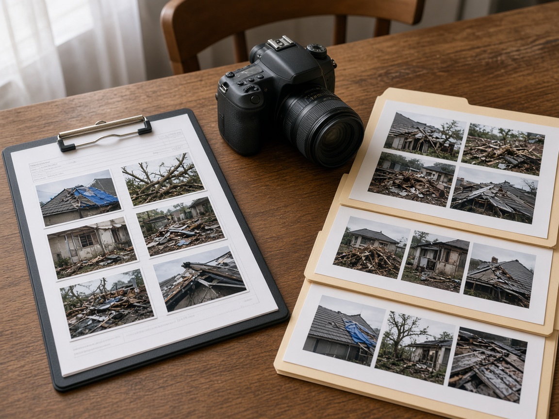 Clipboard and camera ready to document hurricane damage at home