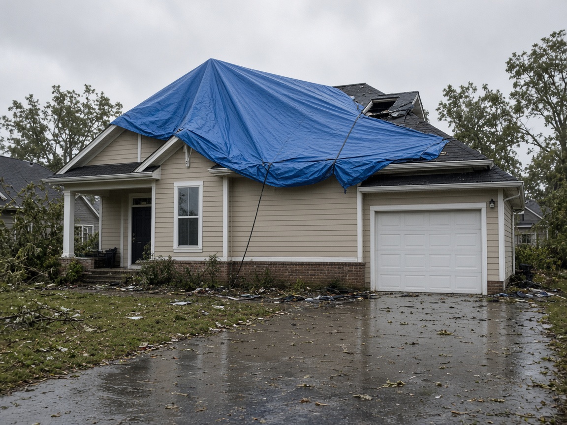 Blue tarp covering a damaged suburban roof after a hurricane