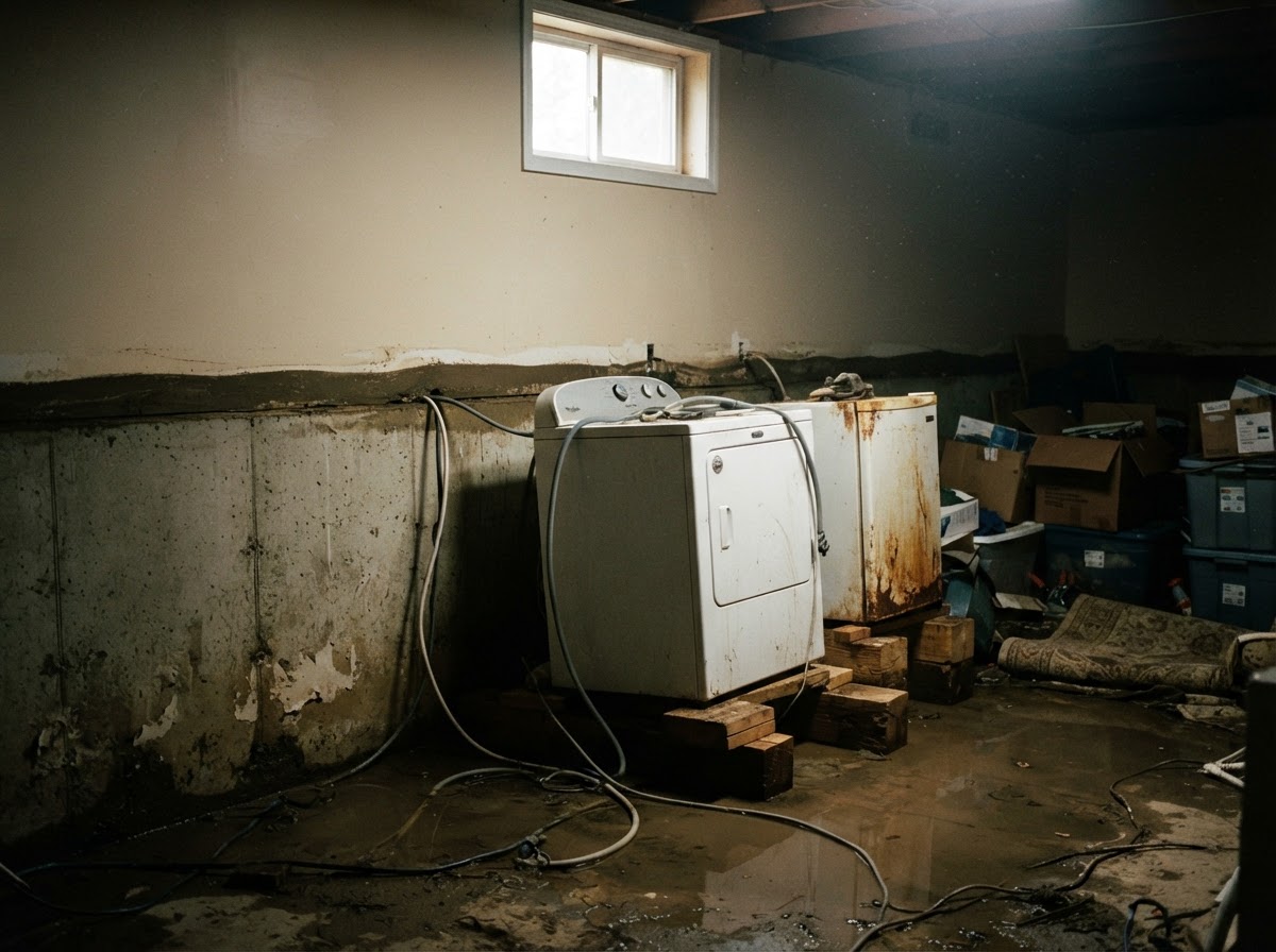 Muddy waterline along drywall and damp concrete floor inside a home basement after floodwaters receded.
