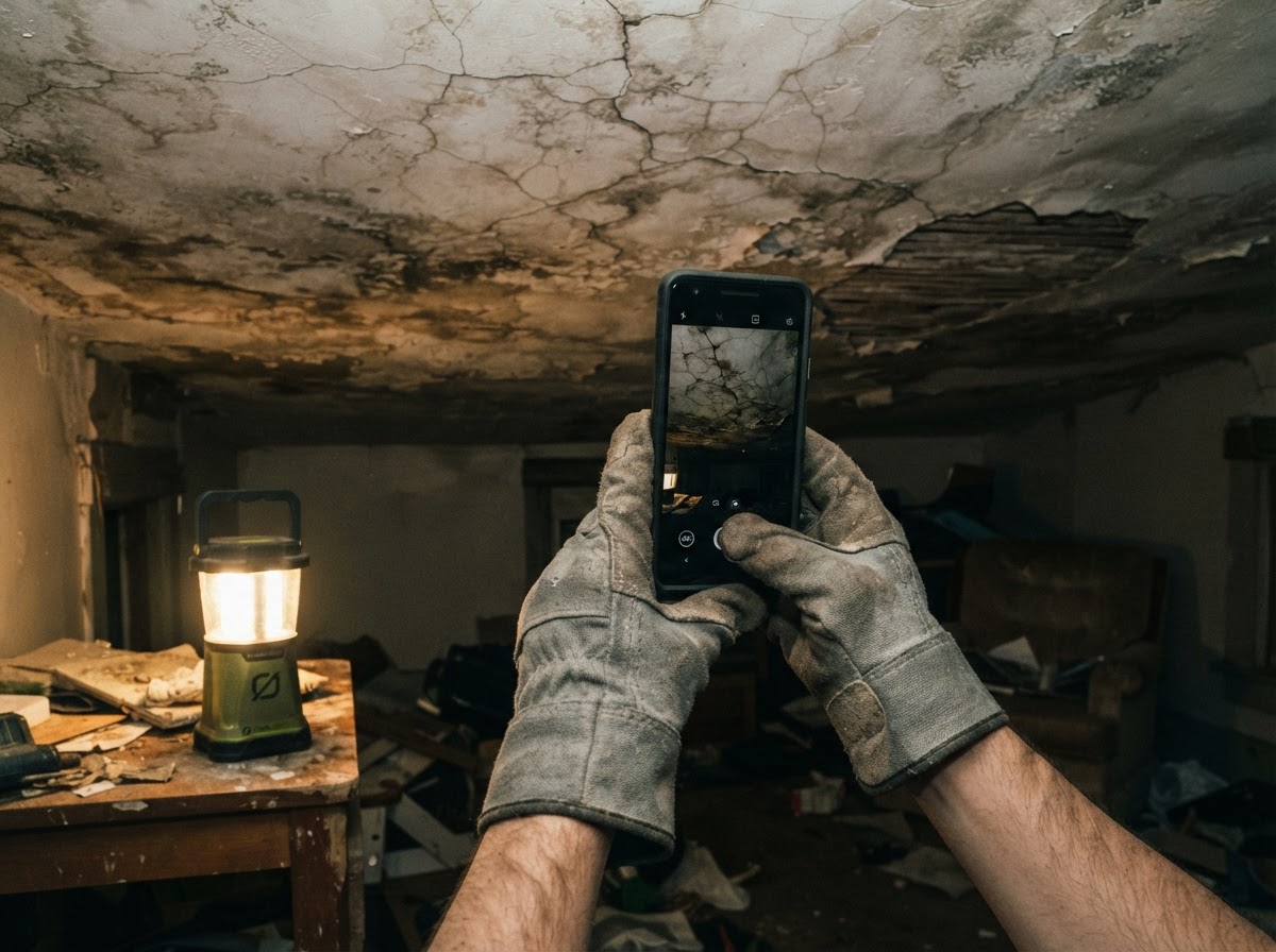 Person using a smartphone camera and lantern light to document ceiling crack damage for an insurance claim.