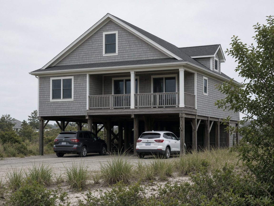 Elevated Gulf Coast house on pilings with parking underneath