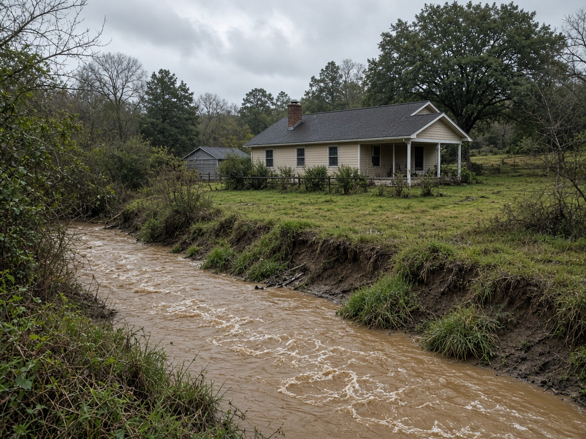 Inland ranch house beside a swollen creek after heavy rain