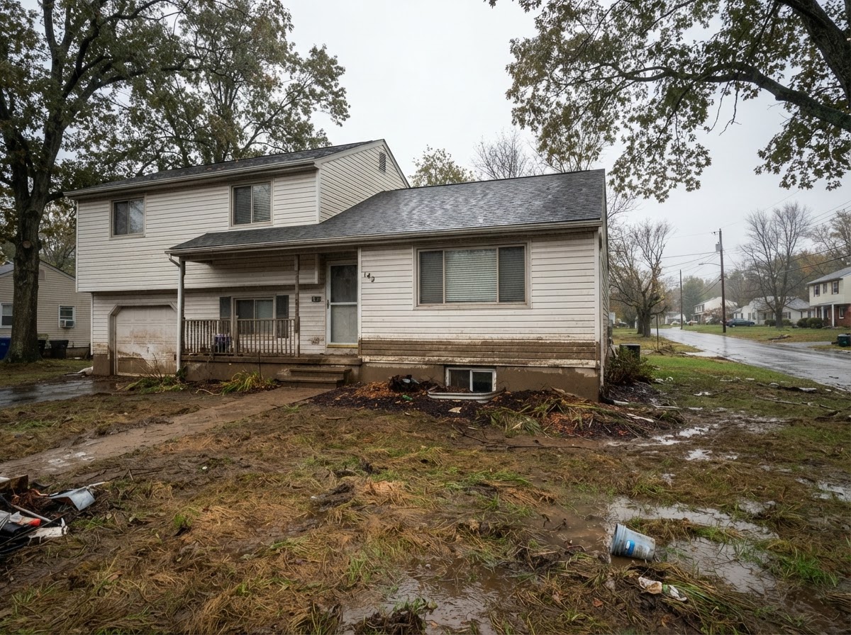 Mud and waterlines marking the lower exterior siding of a two-story home after heavy flash flooding.