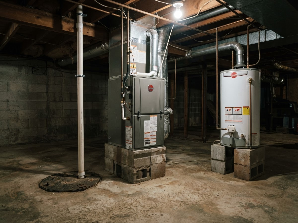 Basement water heater and HVAC unit elevated above a concrete floor on solid blocks.