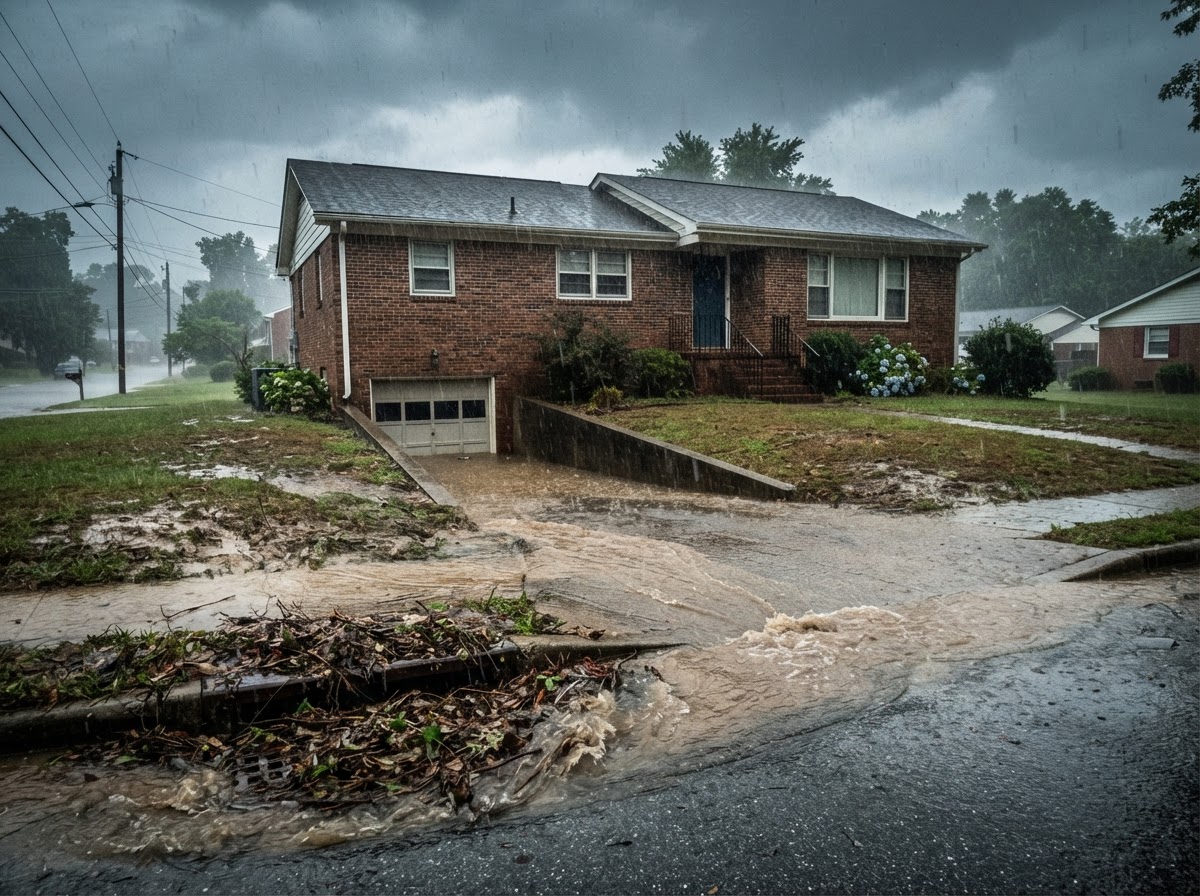 Stormwater runoff overflowing a clogged neighborhood street drain toward a residential driveway.