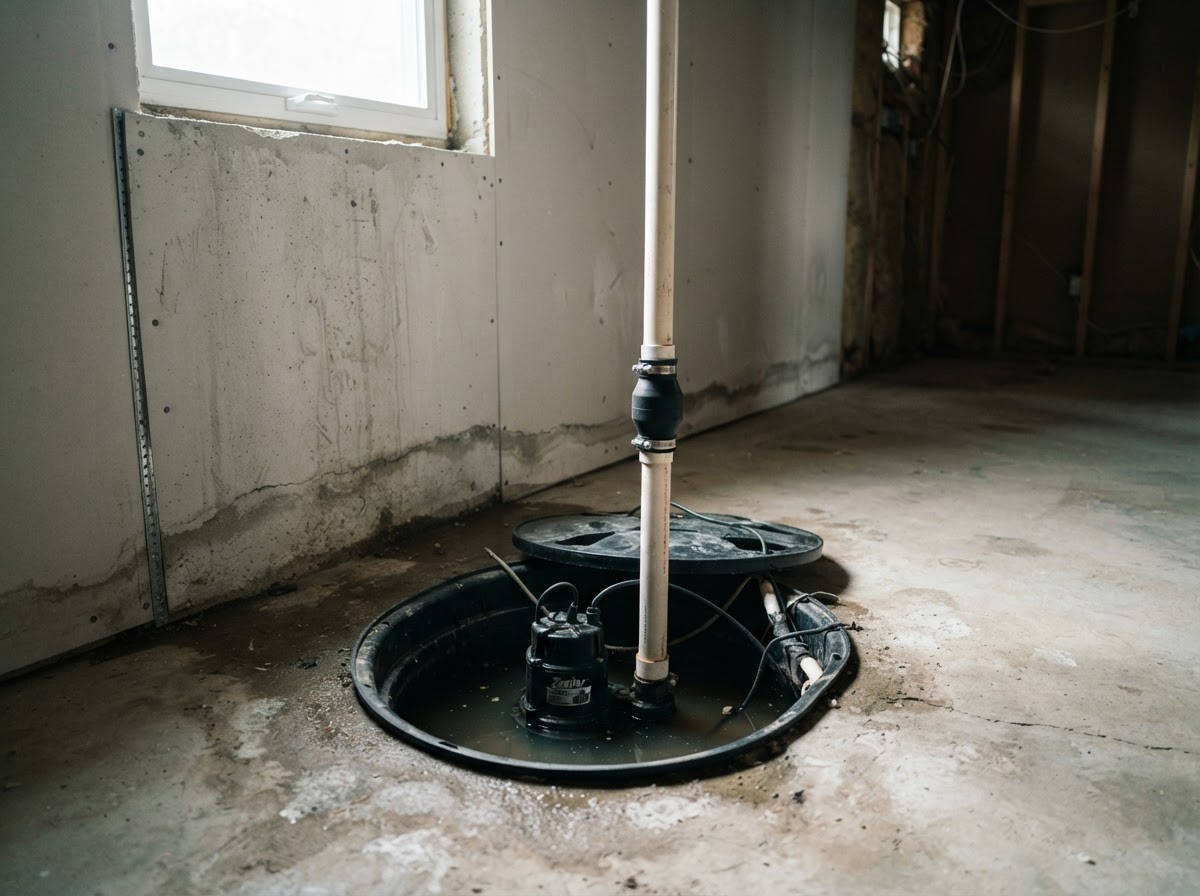 A low water line on unfinished basement drywall beside a residential sump pump basin.