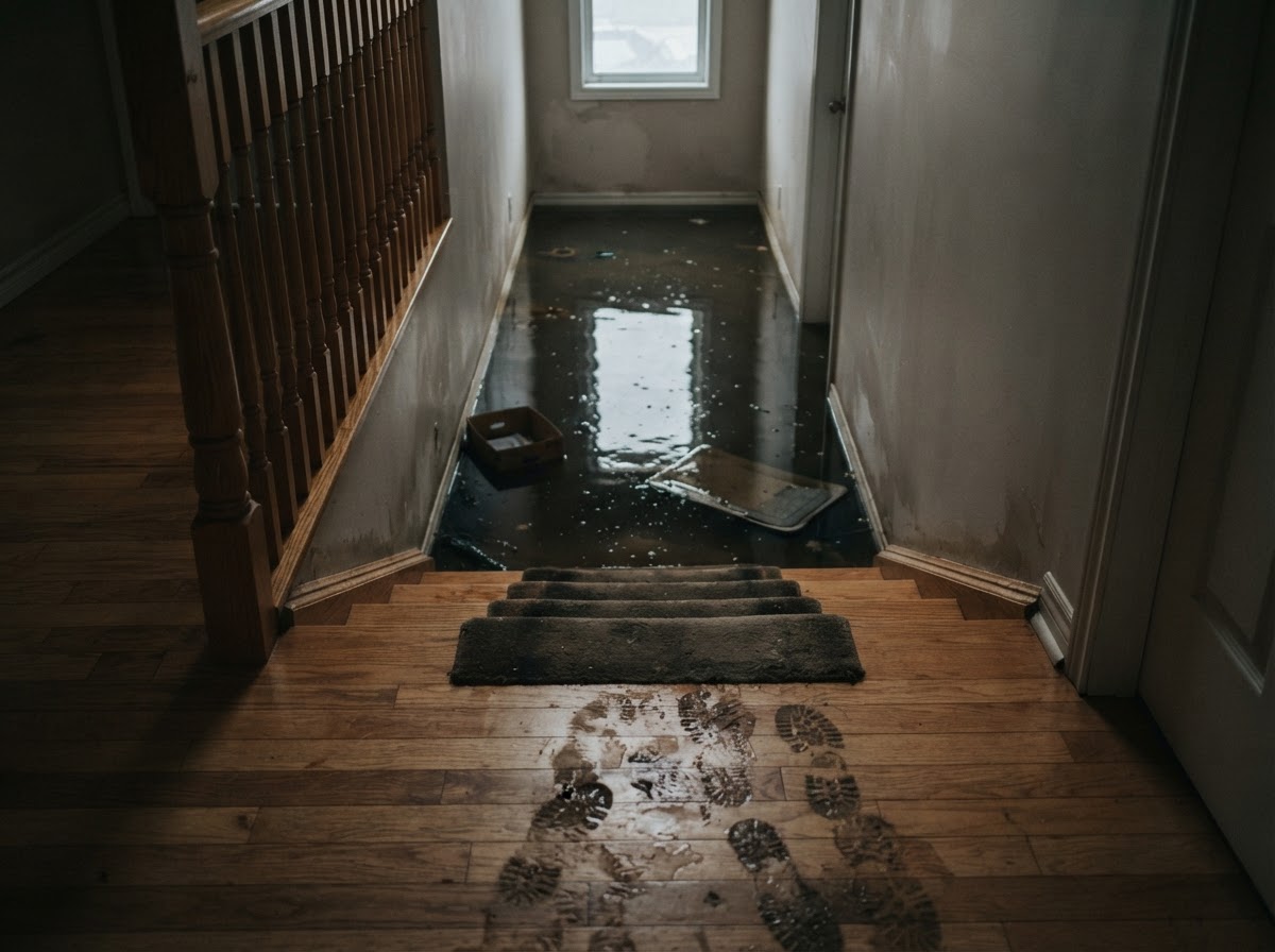 View from an upper staircase looking down at rising floodwater submerging the ground floor hallway.