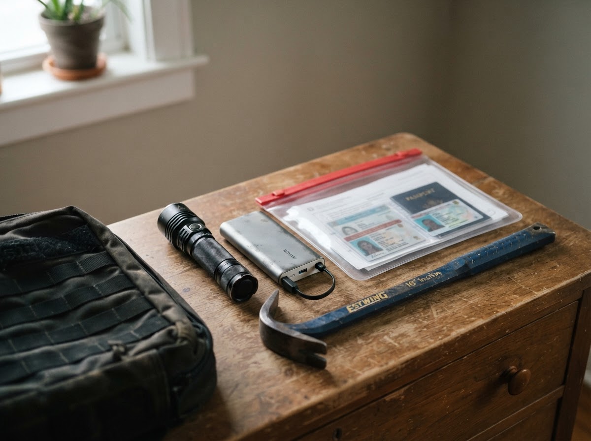 Emergency supplies including a flashlight, power bank, documents in a dry bag, and tools sitting on a second-floor dresser.