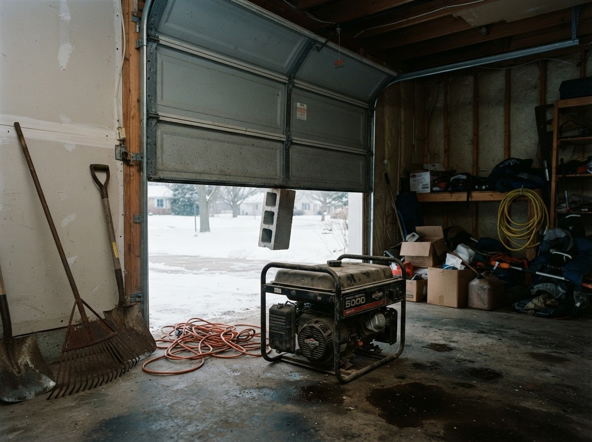 A portable generator sitting inside an open garage next to yard tools, demonstrating an unsafe indoor setup.