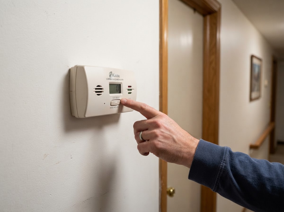 A homeowner testing a battery-powered wall-mounted carbon monoxide detector inside a residential hallway.