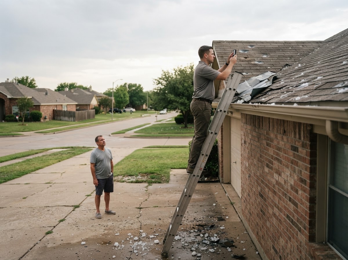 Insurance adjuster documents hail damage to asphalt shingles and roof flashing at a Texas home.