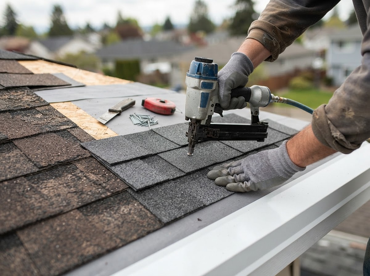 Roofer installs impact-resistant asphalt shingles as part of hail damage prevention on a US home.