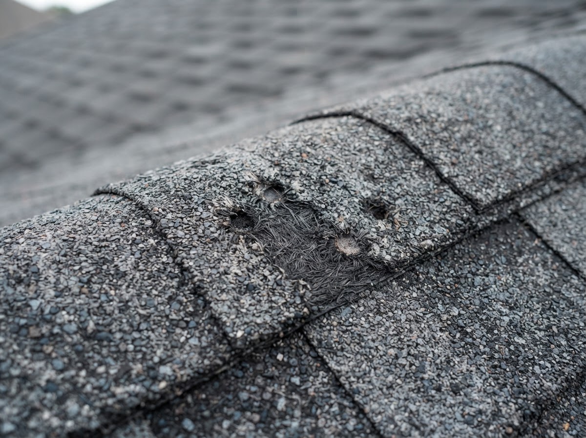 Close-up view of roof shingles showing circular granule loss from hail impact.