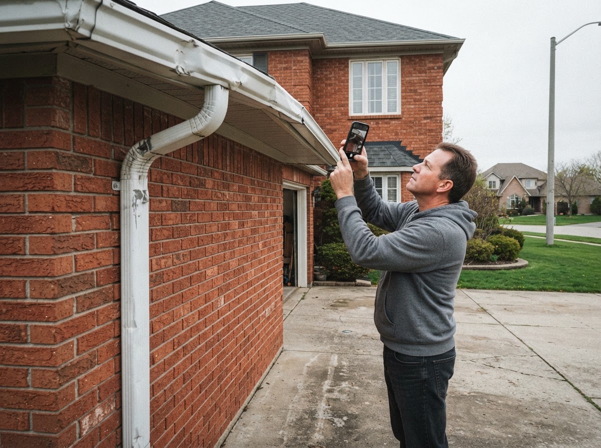 Homeowner taking photos of dented metal gutters with a smartphone after a hailstorm.