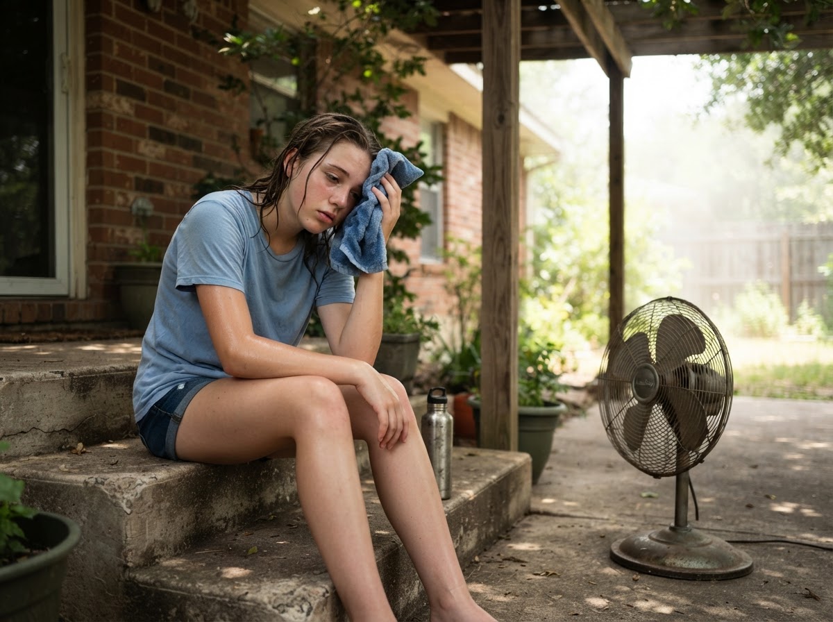 A teenager sitting in shade on a back porch resting with a cool damp washcloth on their head.