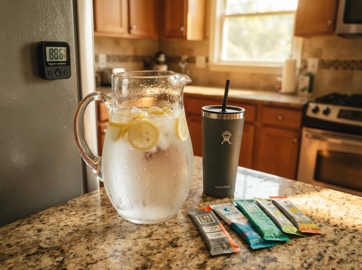 A kitchen counter prepared for a heat wave with an ice water pitcher, electrolyte packets, and an indoor thermometer.