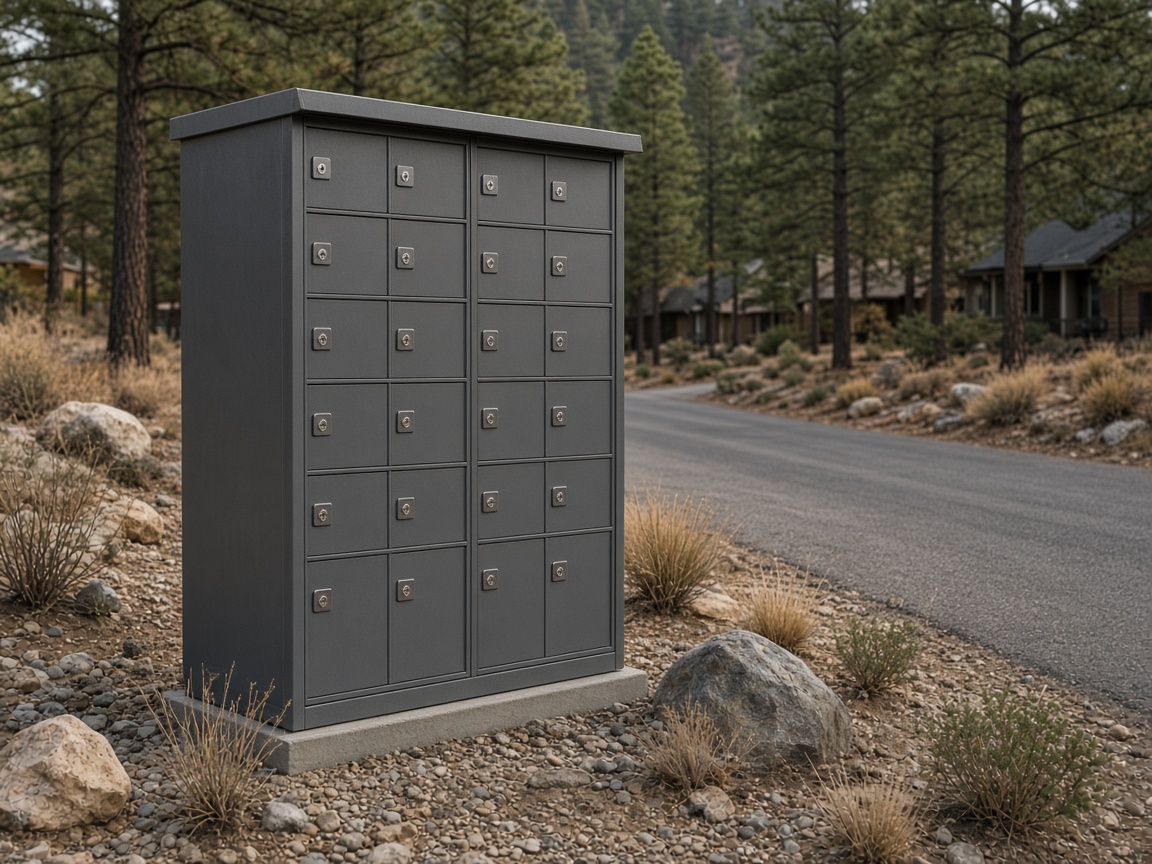 Locked metal community mailboxes on a pine-forest HOA street in fire country