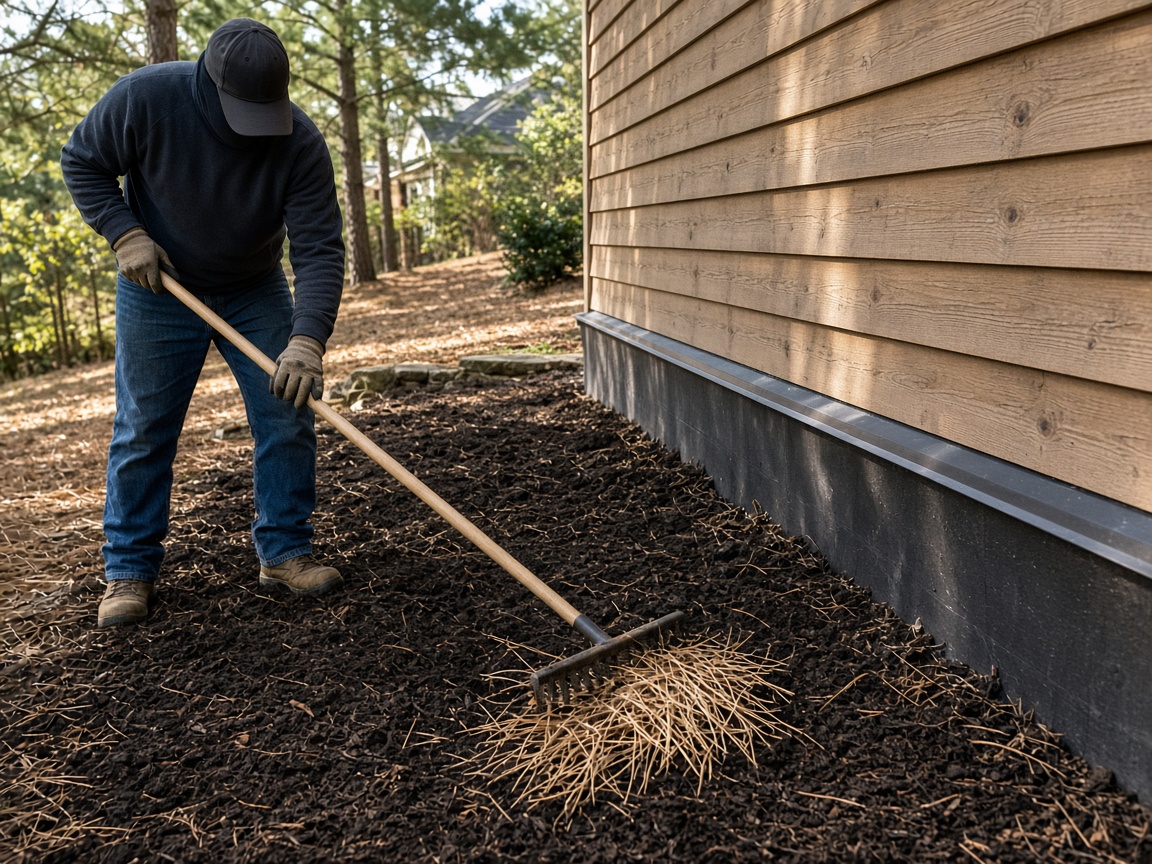 Homeowner clearing pine needles from a roof in a wildfire-prone neighborhood