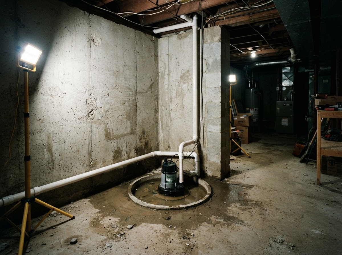 Basement sump pump installed in a concrete foundation pit to prevent water intrusion.
