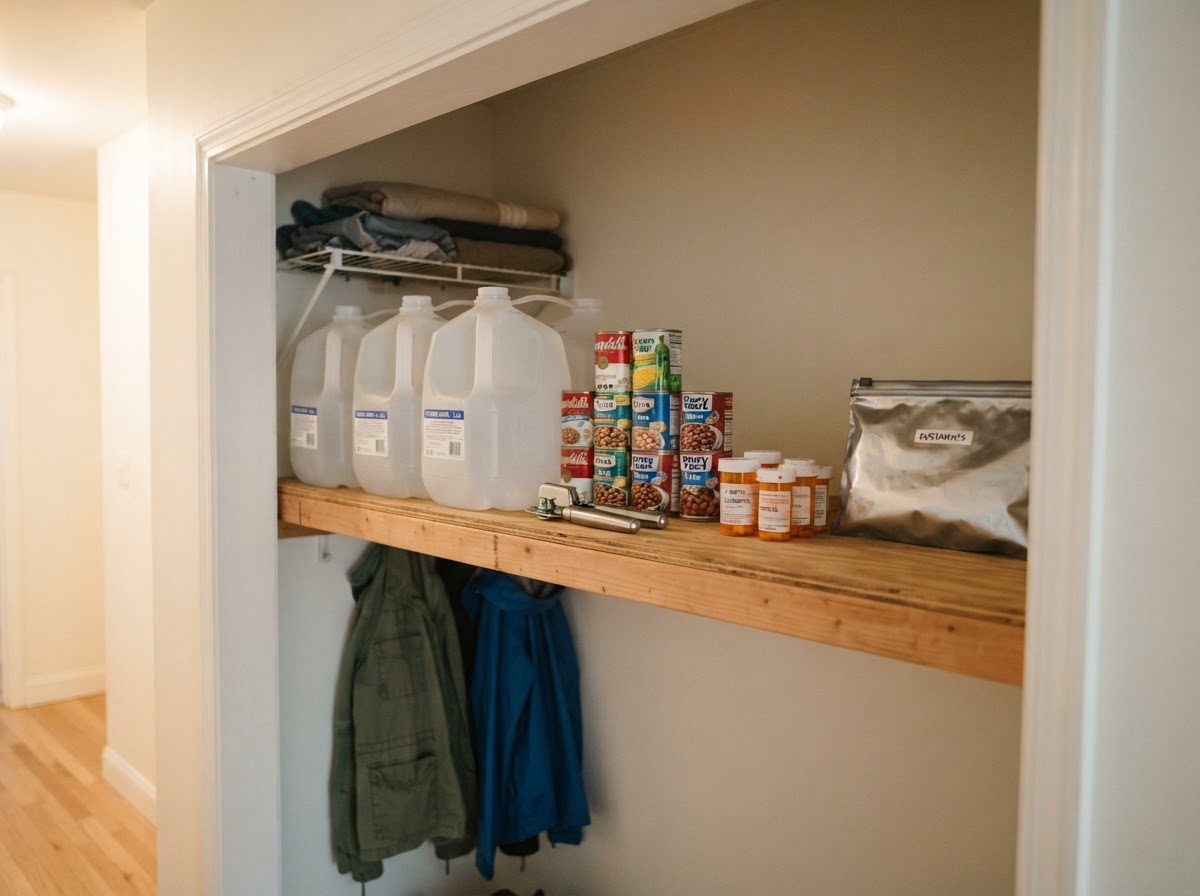 Emergency water jugs and food rations organized neatly on a dedicated lower closet shelf.