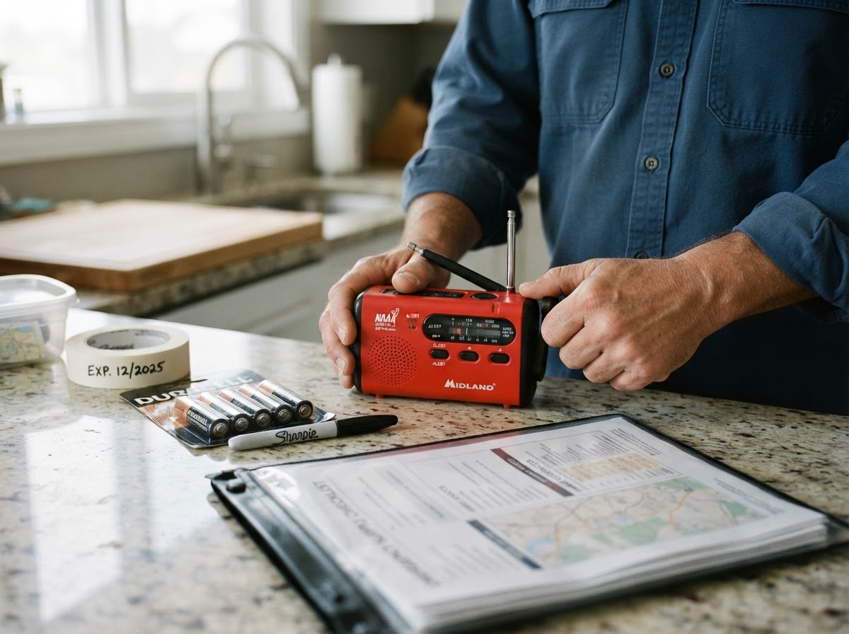 A homeowner testing a portable hand-crank emergency radio beside replacement batteries and important documents.