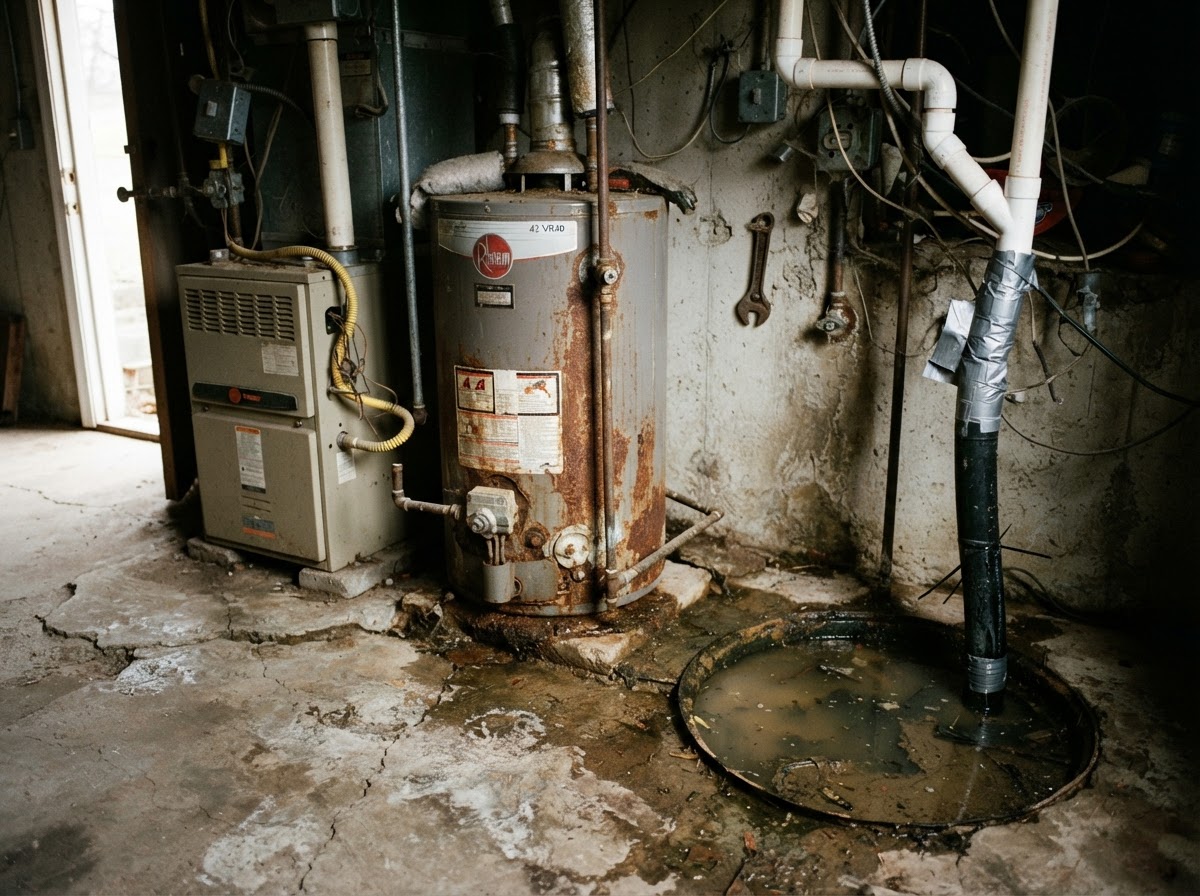 Unanchored water heater and open sump pit sitting directly on a basement concrete slab.