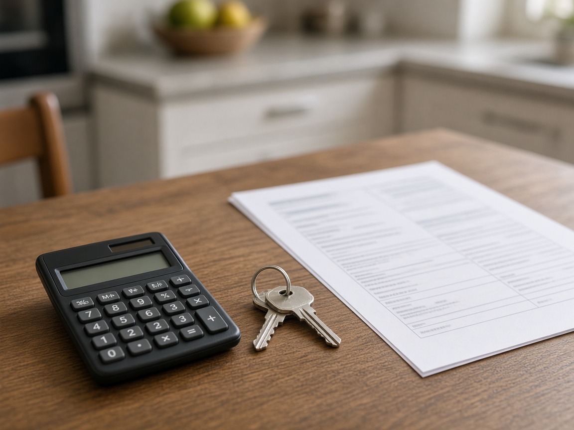 Calculator, house key, and blurred insurance quotes on a kitchen table