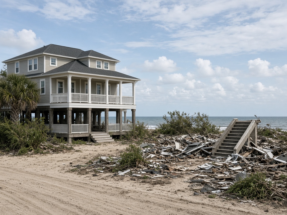 Rebuilt coastal house beside an empty lot after a hurricane