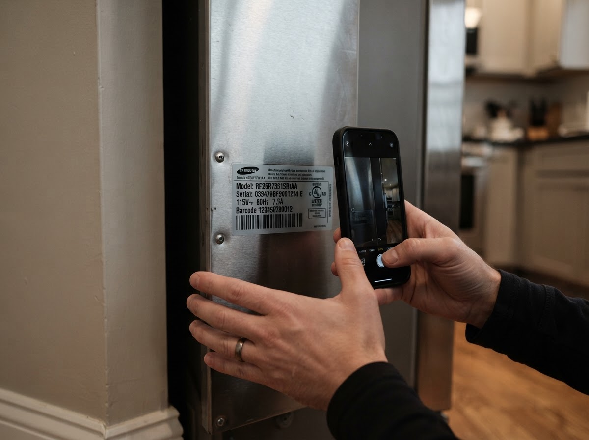 Close-up photograph of a homeowner capturing the serial number badge on a kitchen appliance with a phone.