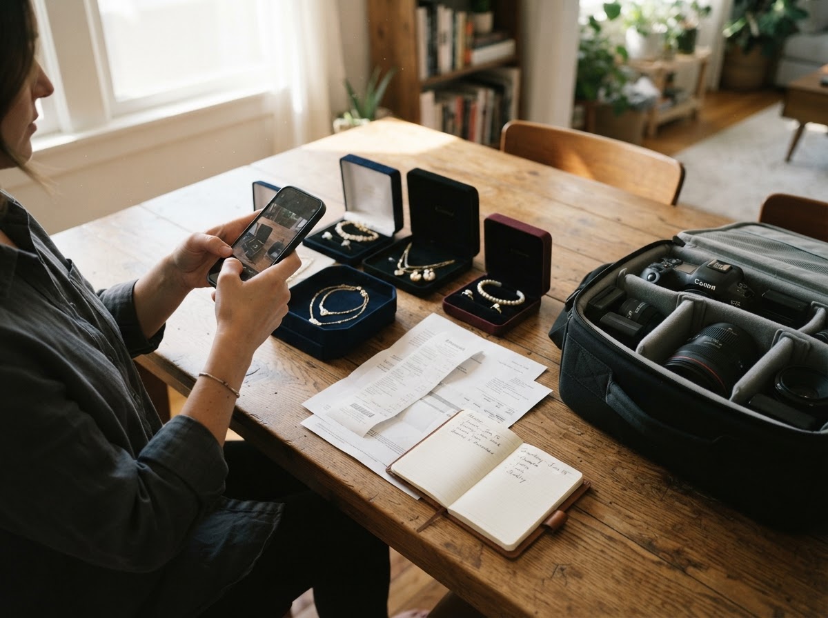 High-value personal belongings and purchase receipts organized across a dining table for insurance cataloging.