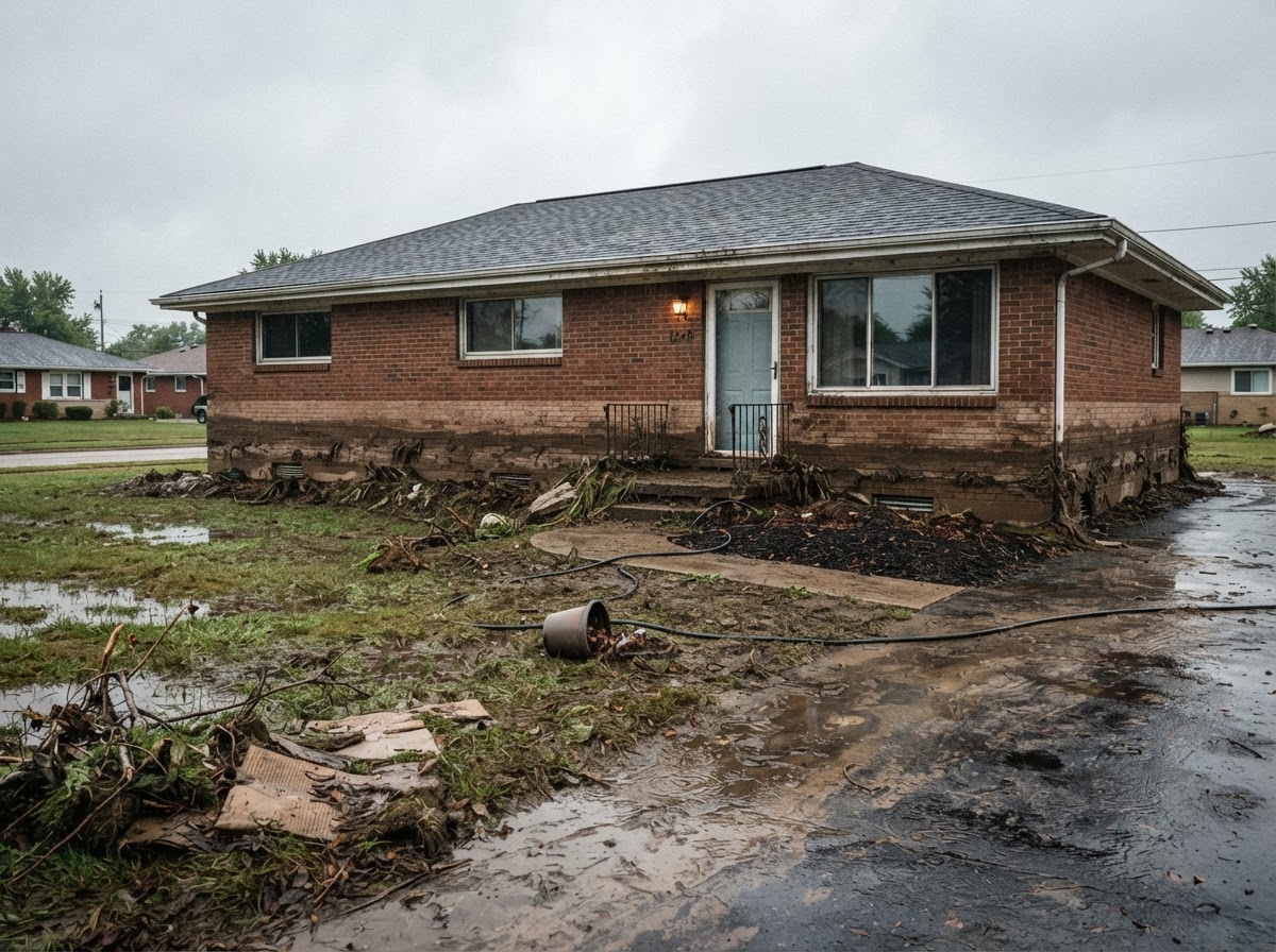 Muddy brown water line left on brick home exterior after neighborhood flash flooding.