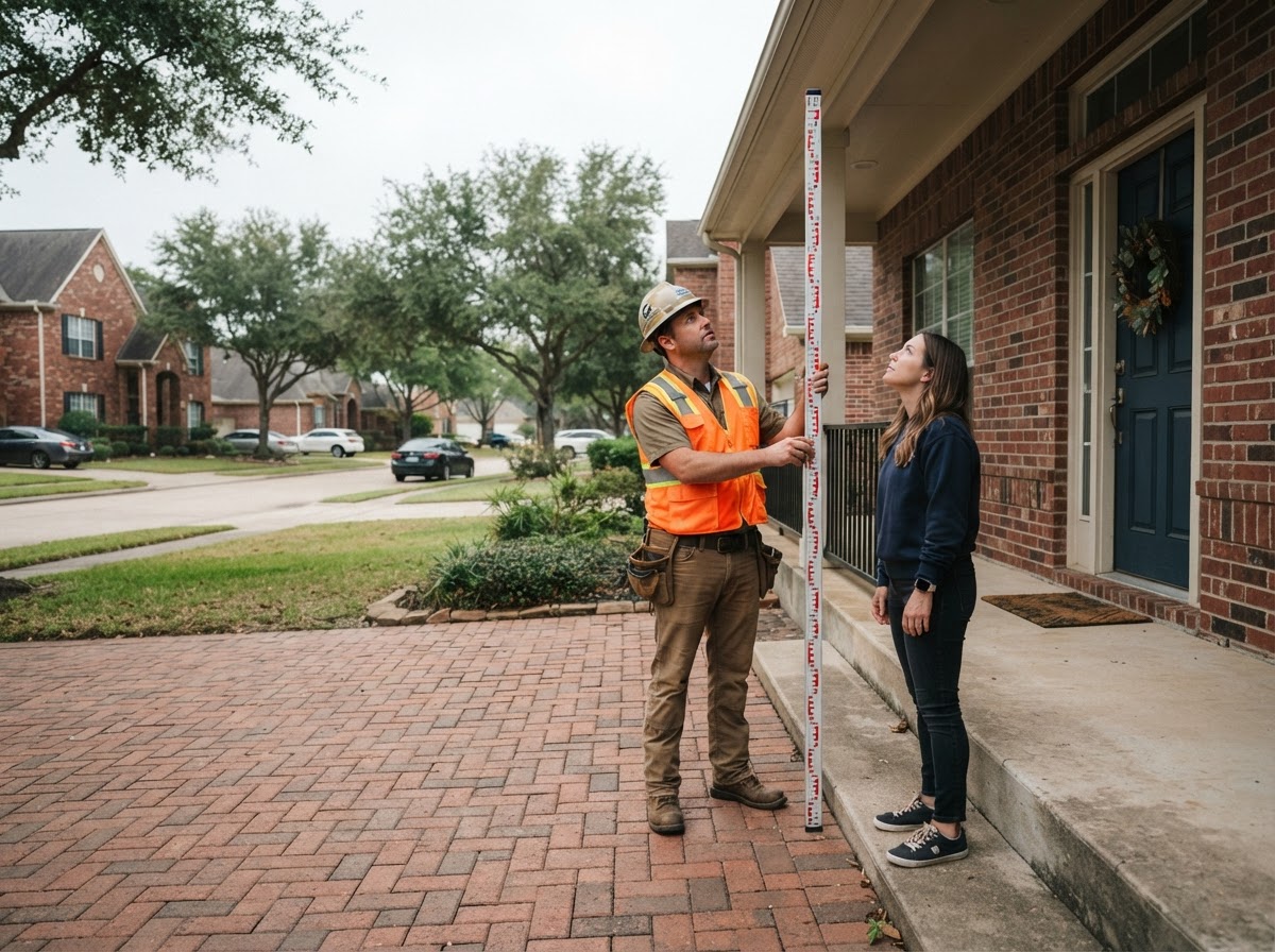 Surveyor measuring front porch elevation with a graduated survey rod outside a brick suburban home.