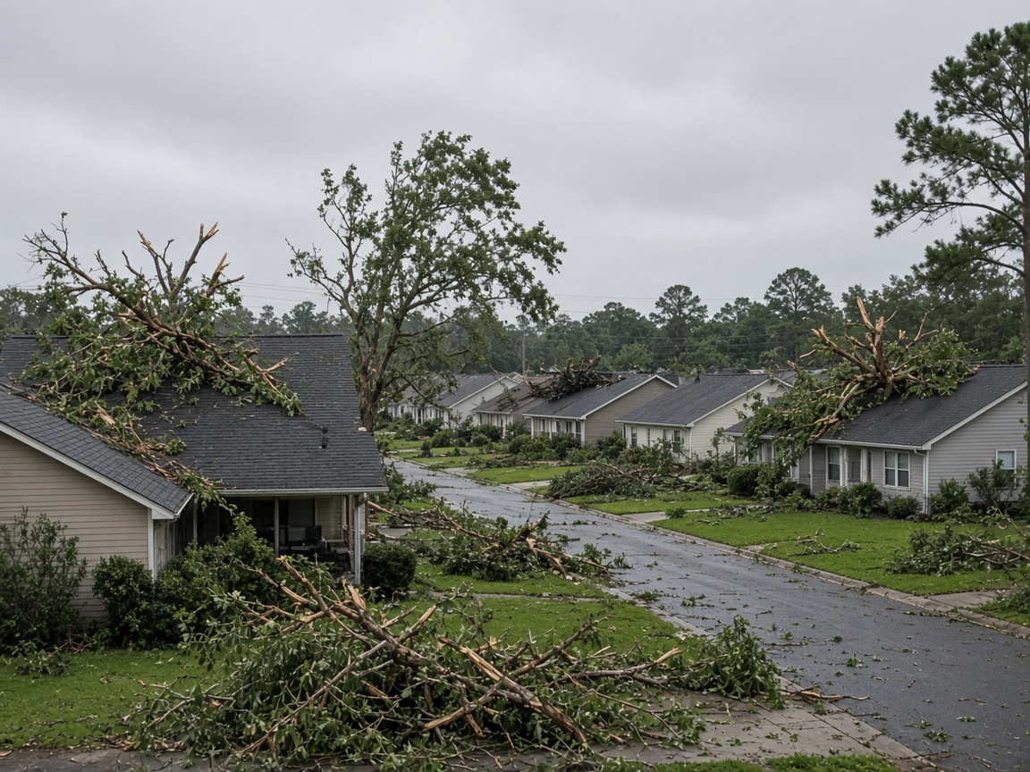 Scattered tree limbs on suburban roofs after inland tropical-storm winds