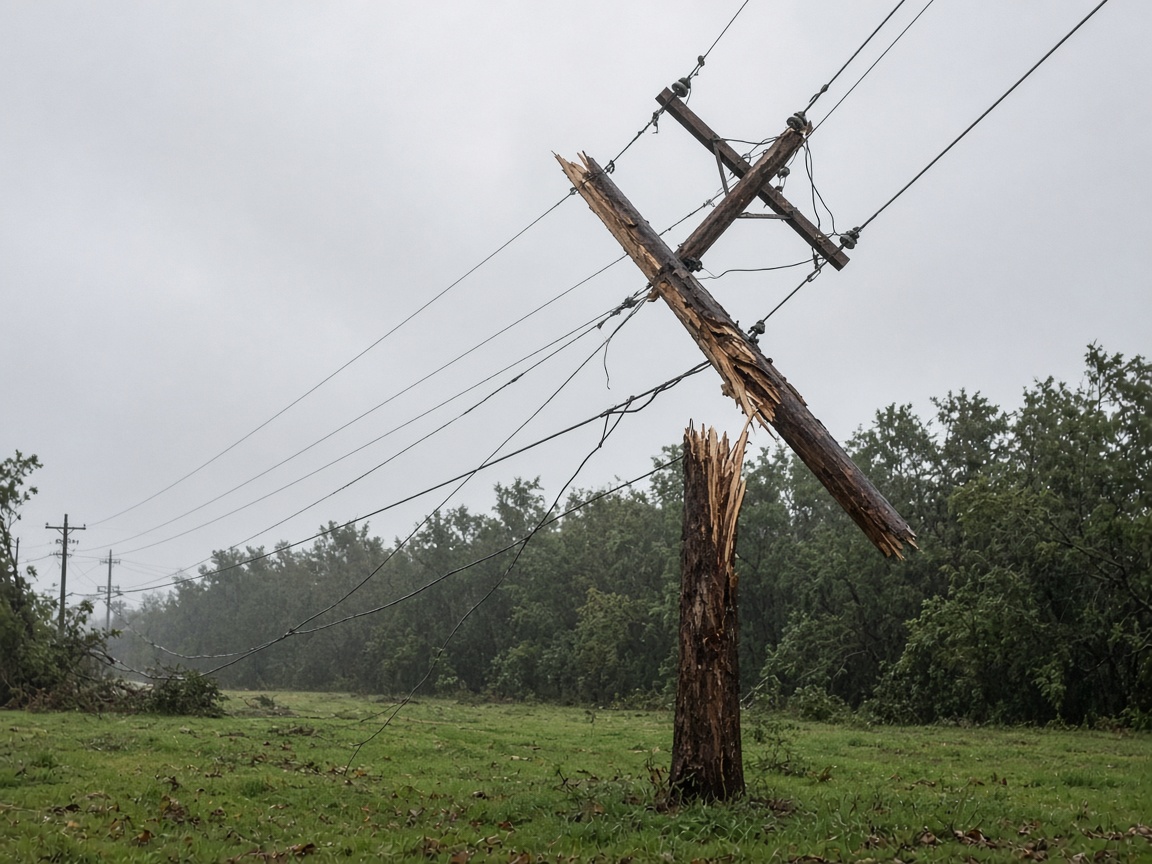 Snapped wooden utility pole after inland hurricane-force winds