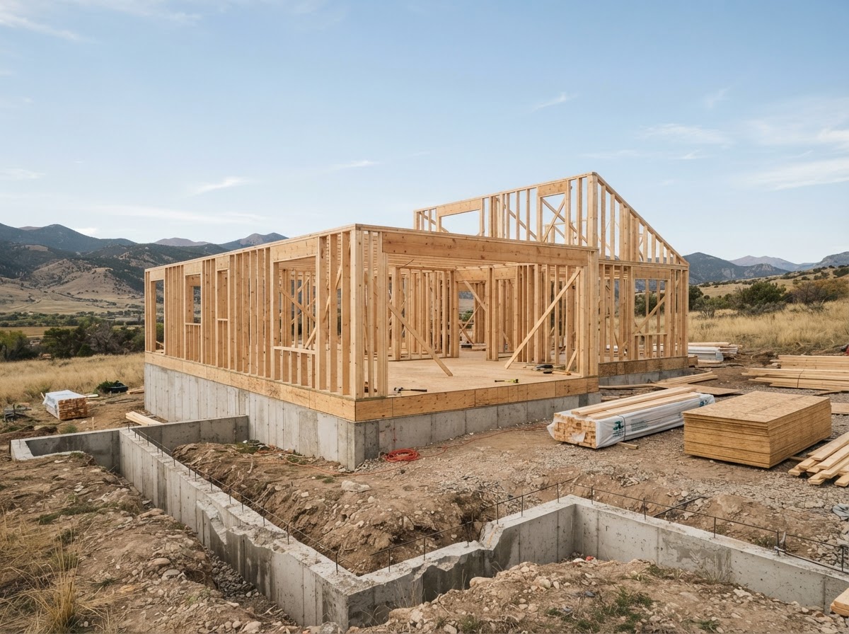 Framed timber skeleton and concrete foundation of a single-family house under reconstruction.