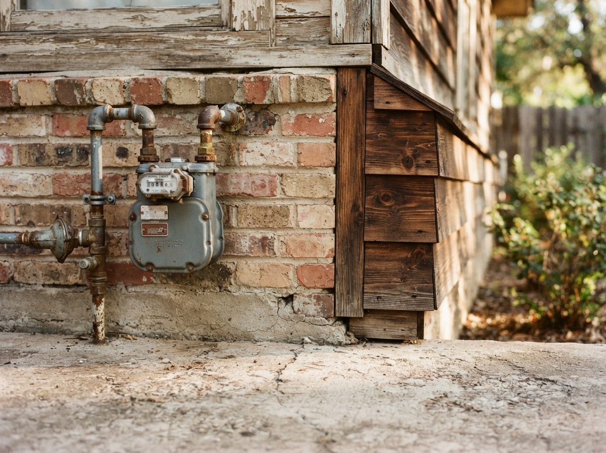 Close-up of exterior brick masonry and custom woodwork on an older residential foundation.