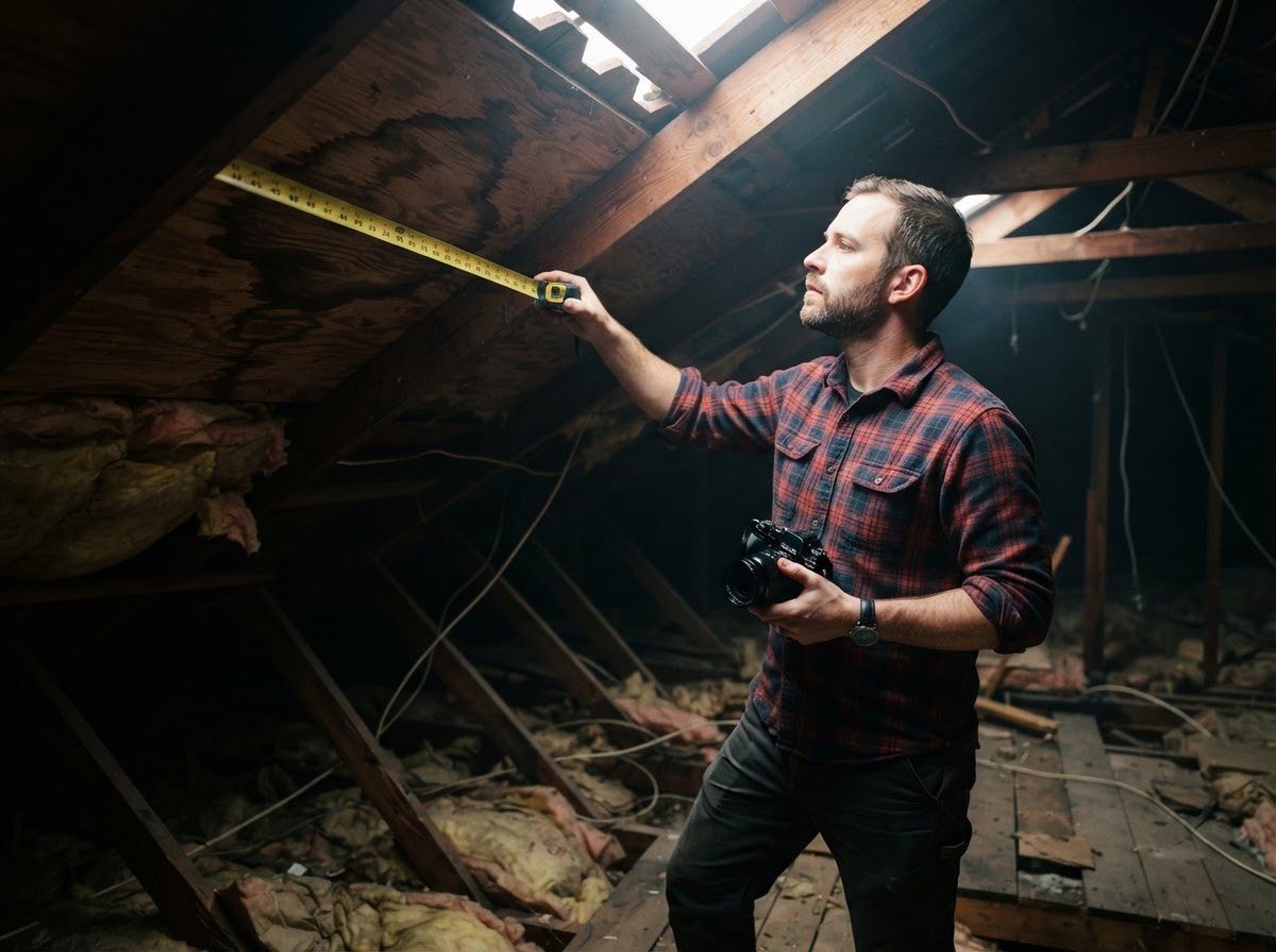 Homeowner measuring and taking photos of water damage on attic roof rafters.