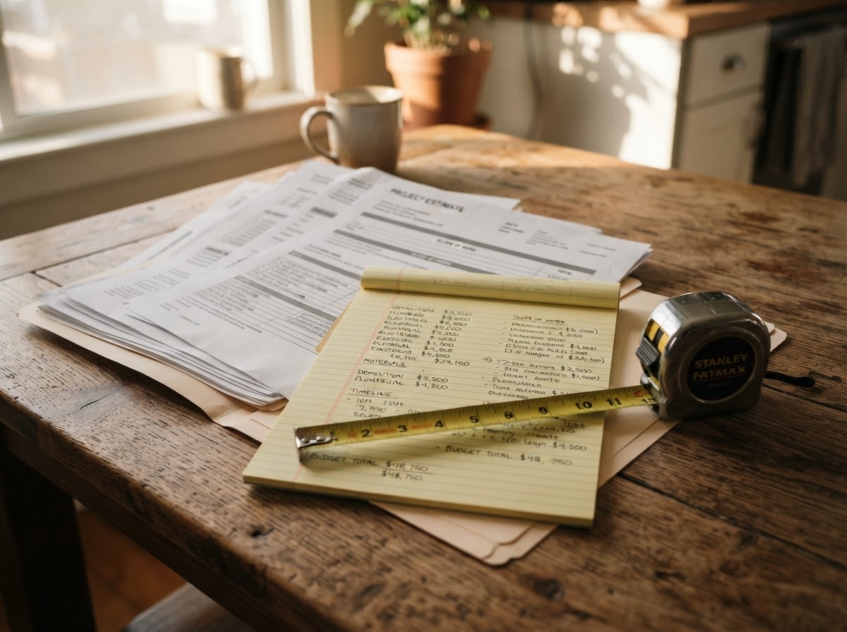 Paperwork, contractor repair estimates, and notes laid out on a kitchen table for an insurance appeal.